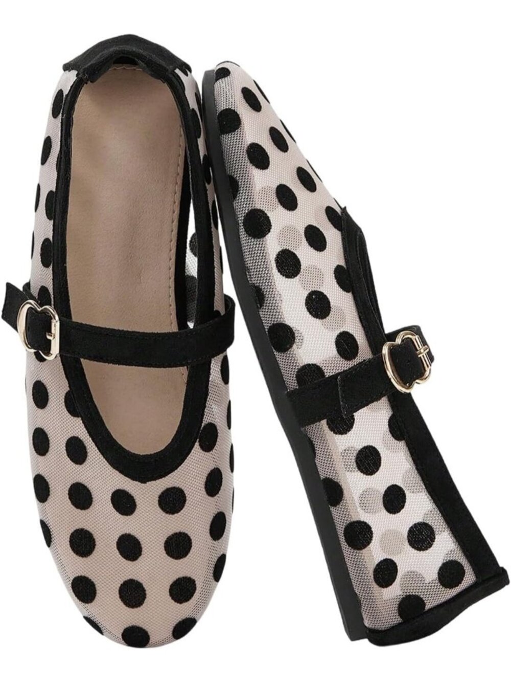Women's Black Polka Dots Mesh Ballet Flat Cute Lace Ballerina Casual Dress Shoes